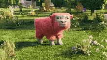 a pink sheep is standing in a grassy field in a video game .