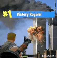 a man is holding a gun in front of a building that is exploding and says victory royale .