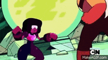 garnet is a cartoon character from steven universe and is fighting a giant cartoon character .