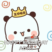a panda bear with a crown on its head is holding a cup of cake and a cherry .