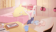 a girl laying on a bed with her legs up and a ladybug hanging on the wall