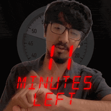 a man with glasses and a beard is pointing at the words minutes left