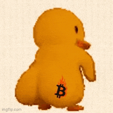 a yellow duck with a burning bitcoin symbol on its back
