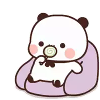 a cartoon panda bear is sitting on a purple pillow holding a lollipop .