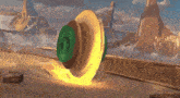 a yellow and green object is spinning in a video game scene