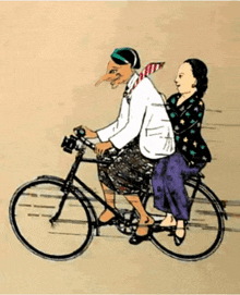a man with a long nose is riding a bike with two women