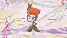 a cartoon character is dancing in front of a colorful background of music notes .