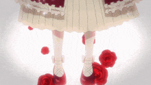a girl with red roses on her feet