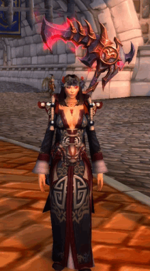 a woman in a video game is holding a sword and a shield