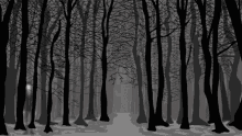 a black and white drawing of a forest with trees and branches