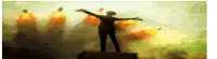 a silhouette of a woman standing on top of a building with her arms outstretched in front of a fire .