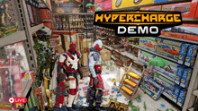a video game called hypercharge demo is playing in a toy store