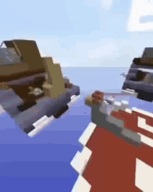 a minecraft video game is being played on a computer with a boat floating in the water .