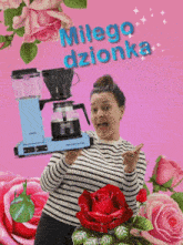 a woman is holding a coffee maker in front of a pink background that says " miego dzionka "