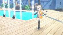 a girl in a yellow jacket is standing on a wooden deck near a pool .