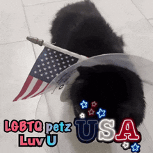 a picture of a black dog with an american flag and the words lgbtq petz usa luv u