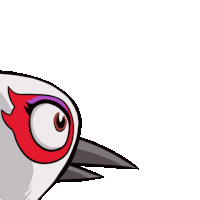 a cartoon bird with a red eye and purple eyebrows