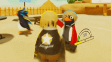 a penguin wearing a black jacket with a star on it