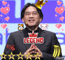 a man with a crown on his head is surrounded by pink hearts and the word legend