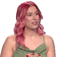 a woman with pink hair and red nail polish is wearing a green dress