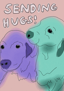 a drawing of two dogs with the words " sending hugs " above them