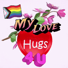 a red heart with the words " my love hugs 4u " written on it