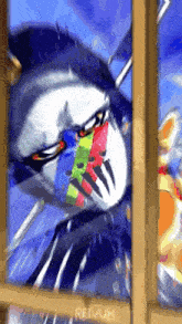 a cartoon character with a colorful mask on his face is looking out of a window .