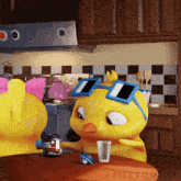 a cartoon duck wearing blue sunglasses sits at a table