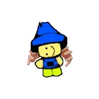 a pixelated image of a person 's fist holding a blue and yellow item with the letter b on it