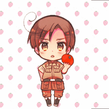 a cartoon character holding a tomato in front of strawberries