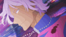 a man with purple hair is wearing a blue shirt and a pink shirt