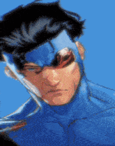 a close up of a superhero 's face with a blue background