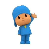 a cartoon character named pocoyo is wearing a blue hat and blue pants