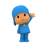 a cartoon character named pocoyo is wearing a blue hat and blue pants