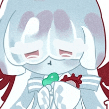 a close up of a cartoon character with a heart in her hand .