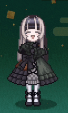 a pixel art drawing of a girl in a black dress with white hair