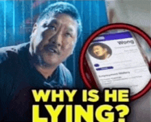 a man is holding a cell phone in front of a screen that says why is he lying .