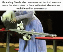 a woman in a blue dress holds a cat on a metal bar