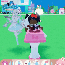 a girl is standing next to a pink cake in a video game