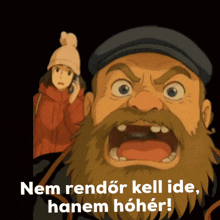 a cartoon of a man with a beard and a woman talking on a cell phone