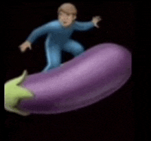 a cartoon of a man riding a purple eggplant .