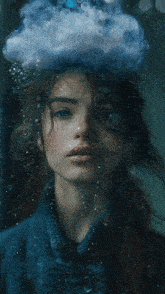 a woman with a cloud on her head behind a glass