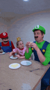 a man in a luigi costume is eating a piece of food