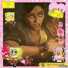 a picture of spongebob and a woman with the words i love spongebob picmix