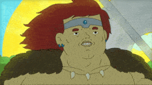 a cartoon drawing of a man with red hair wearing a headband