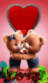 a couple of teddy bears kissing under a heart with the word love written on it