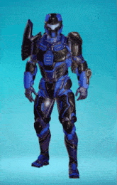 a blue and black futuristic soldier with a shield