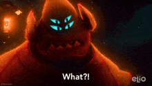 a red monster with glowing eyes and the words what written below it