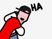 a cartoon of a man wearing a red cape and a hat with the word ha above him