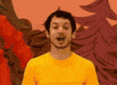 a man in a yellow shirt is standing in front of a cartoon background with trees .
